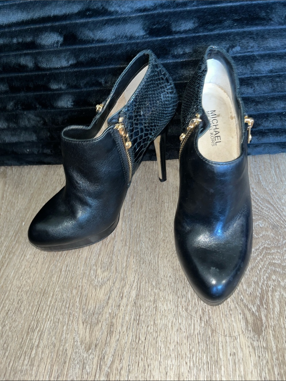 Michael Kors Black Leather & Snakeskin Stiletto Ankle Booties with Gold Zipper